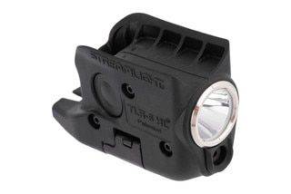 Glock 43 weapon light with green laser, matte black.